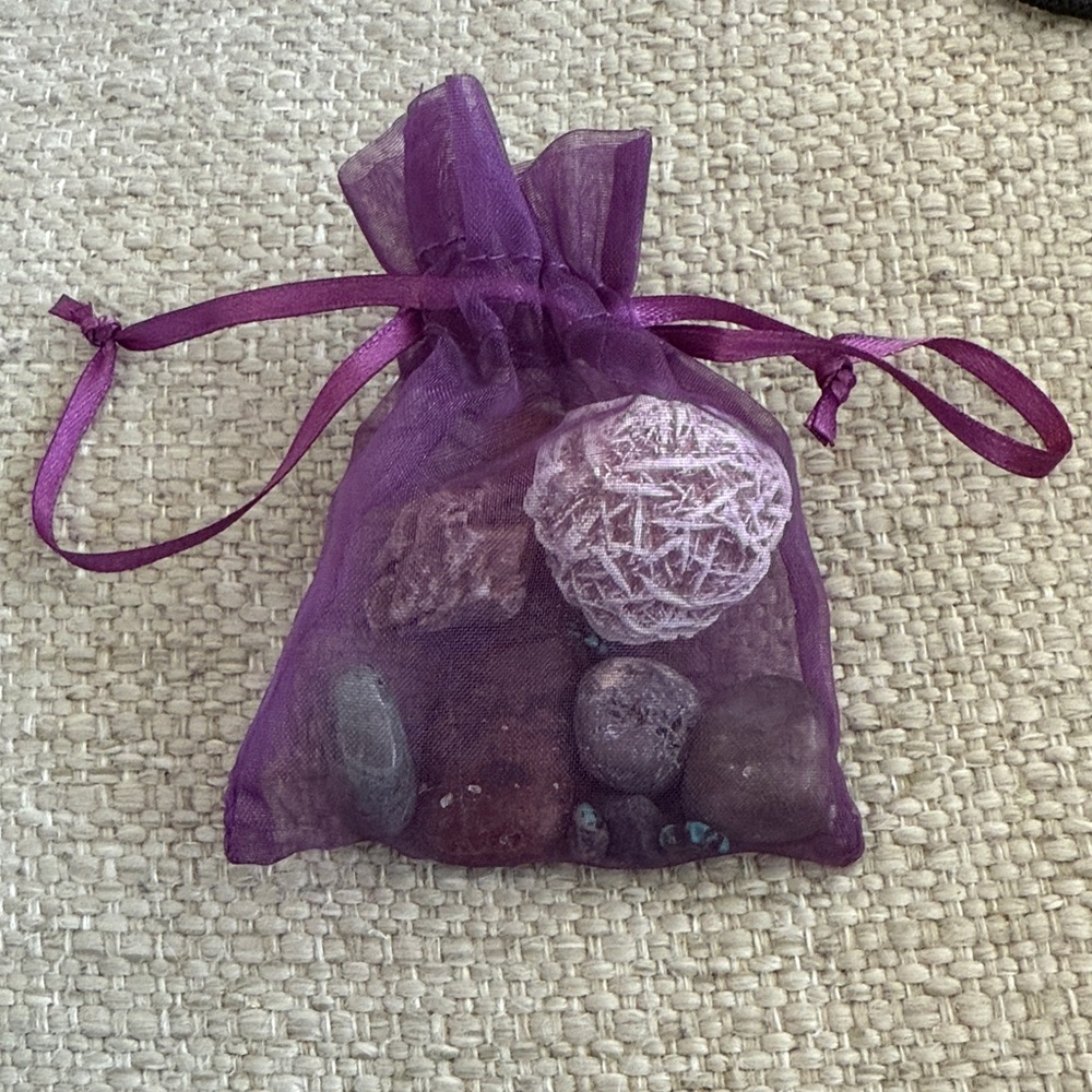 Purple Sheer Pouch with Crystal/Gemstones. Mixed Stones.